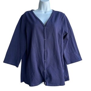 DENIM & Co. Bubble Pique V-Neck Button-Up Top Blue 3/4 Sleeve Size L